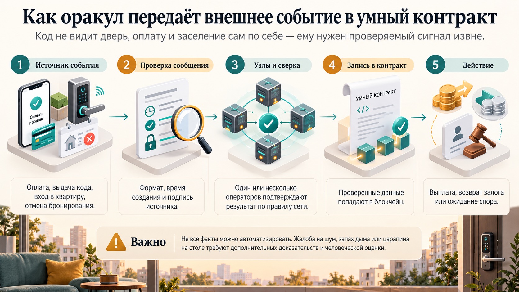 Схема передачи данных от внешнего источника через блокчейн-оракул в умный контракт.