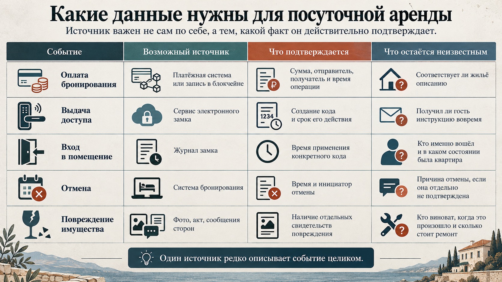 Источники данных об оплате, выдаче ключей, заселении, отмене и повреждении имущества.